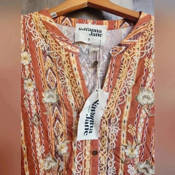 Savanna Jane NWT Boho The Wren Kat Split Neck Rust Stripe Embroidered SMALL - Picture 5 of 8
